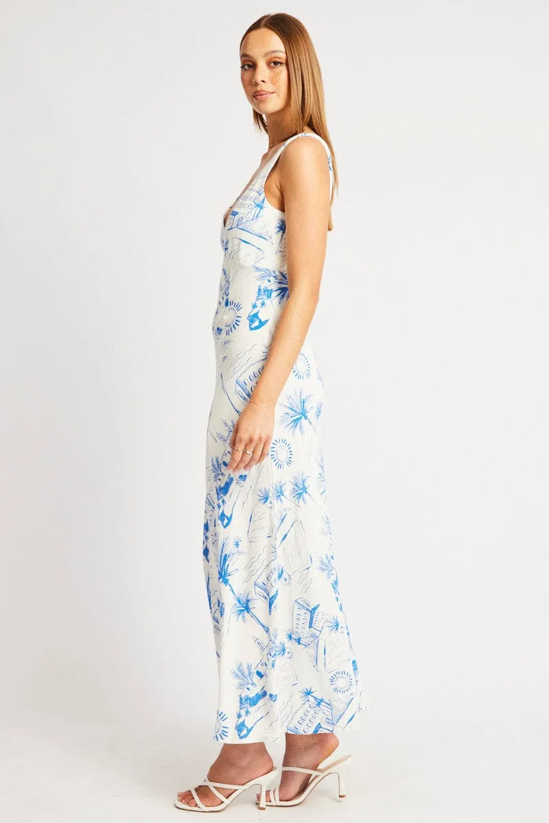 Blue Abstract Midi Dress V Neck Sleeveless Flattering wear City Sleek