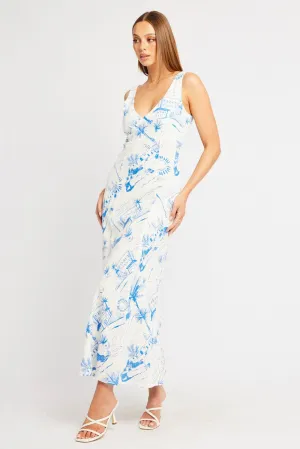 Elegant office dress Blue Abstract Midi Dress V Neck Sleeveless