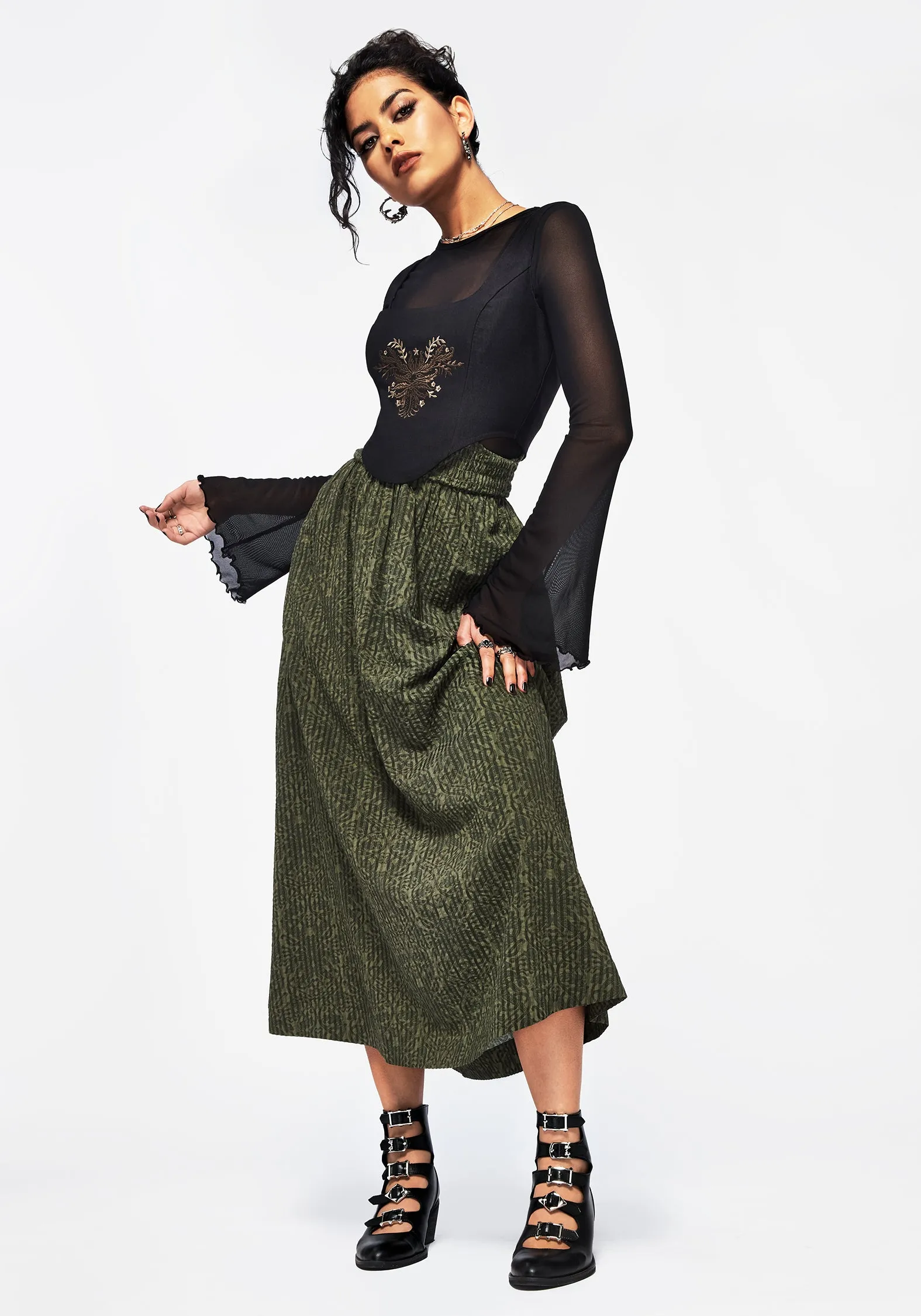 High Density Weave Outdoor Outfit Francesca Dragon Printed Midaxi Skirt