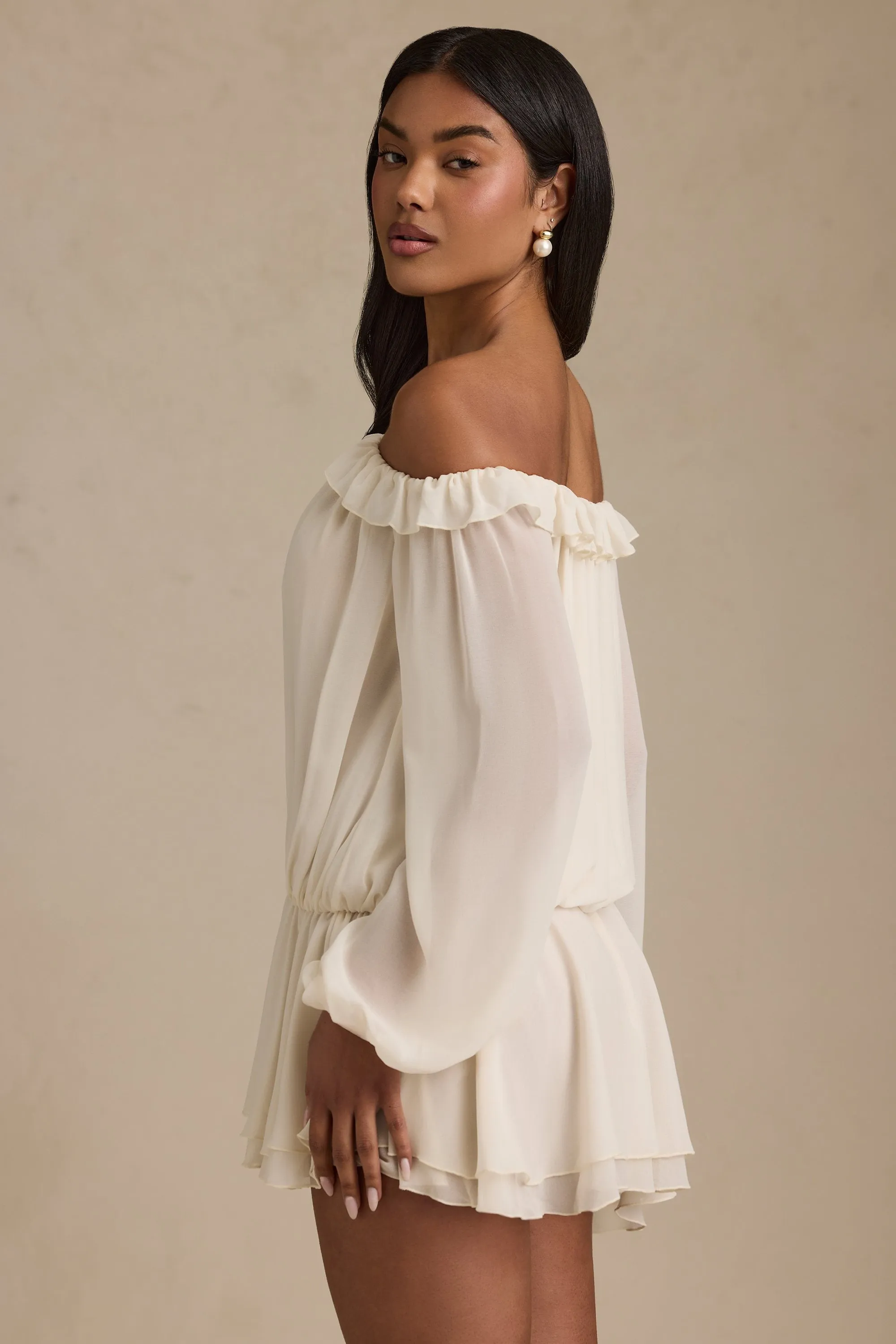 Off-Shoulder Asymmetric Balloon-Sleeve Mini Dress in Ivory Easy Wear