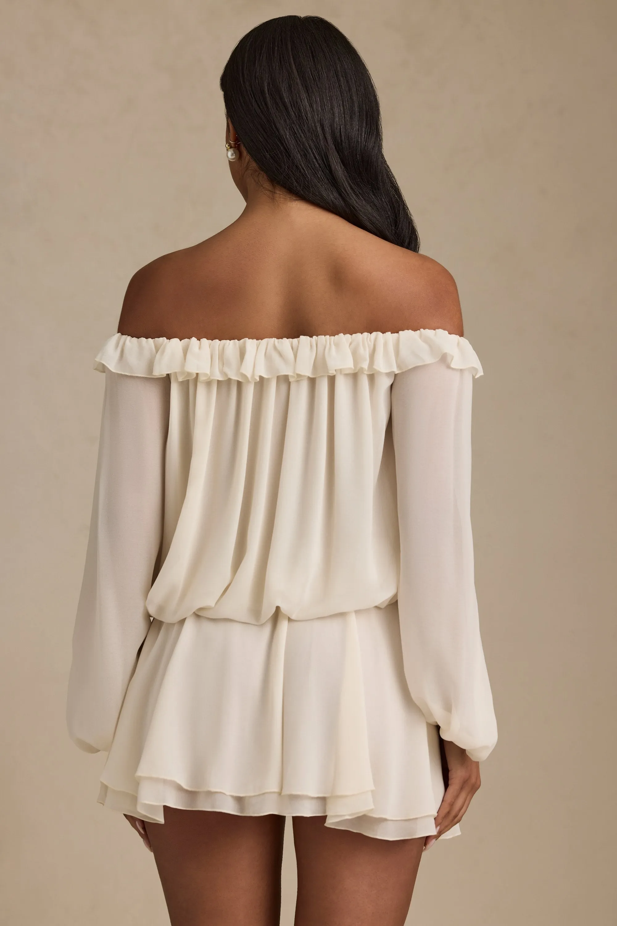 Smart Wear Comfortable and breezy mini Off-Shoulder Asymmetric Balloon-Sleeve Mini Dress in Ivory
