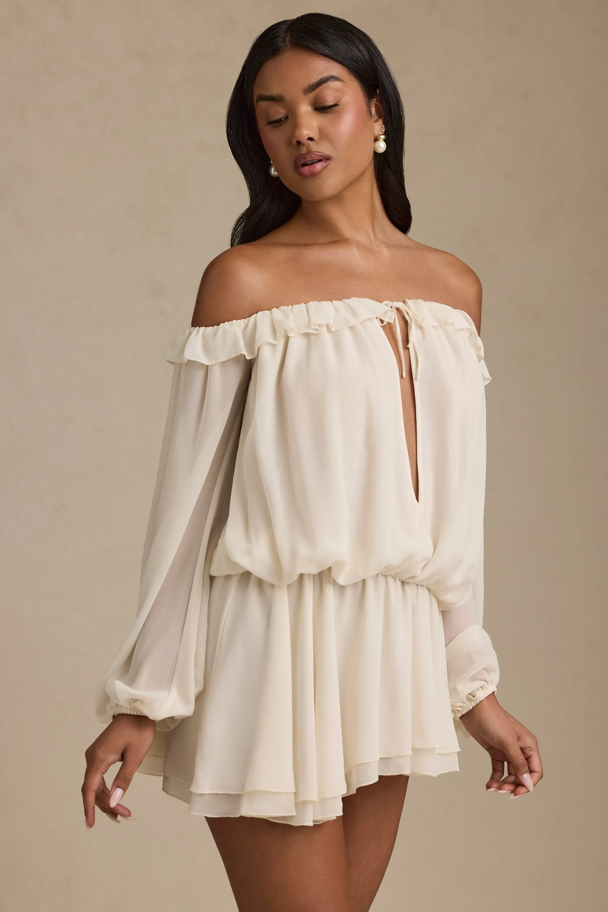 Lightweight Weave Off-Shoulder Asymmetric Balloon-Sleeve Mini Dress in Ivory