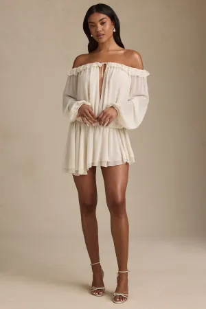 Off-Shoulder Asymmetric Balloon-Sleeve Mini Dress in Ivory Floral Vibe Skin Feel