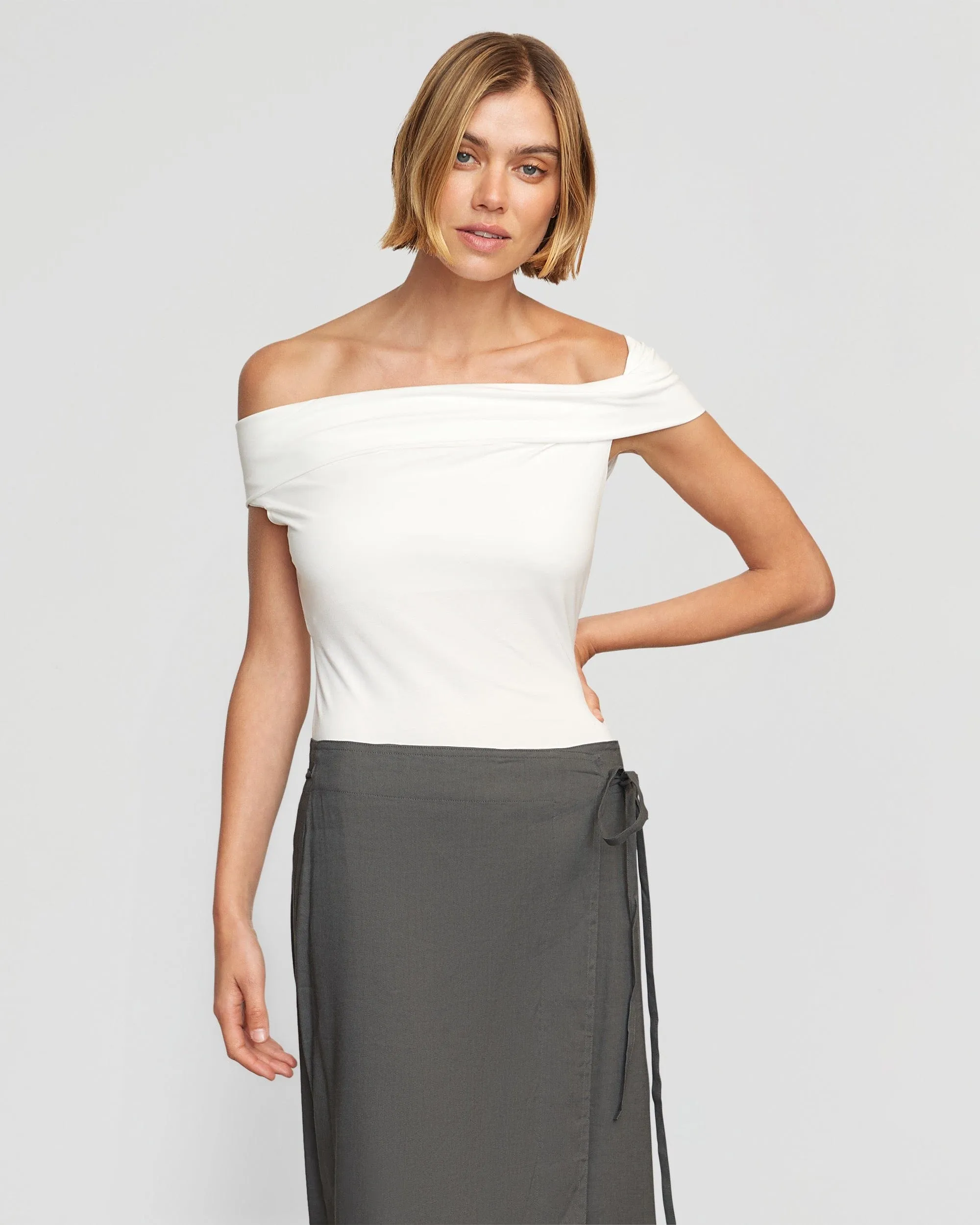 MultiPly Fabric Mai Asymmetric Off-Shoulder Tee