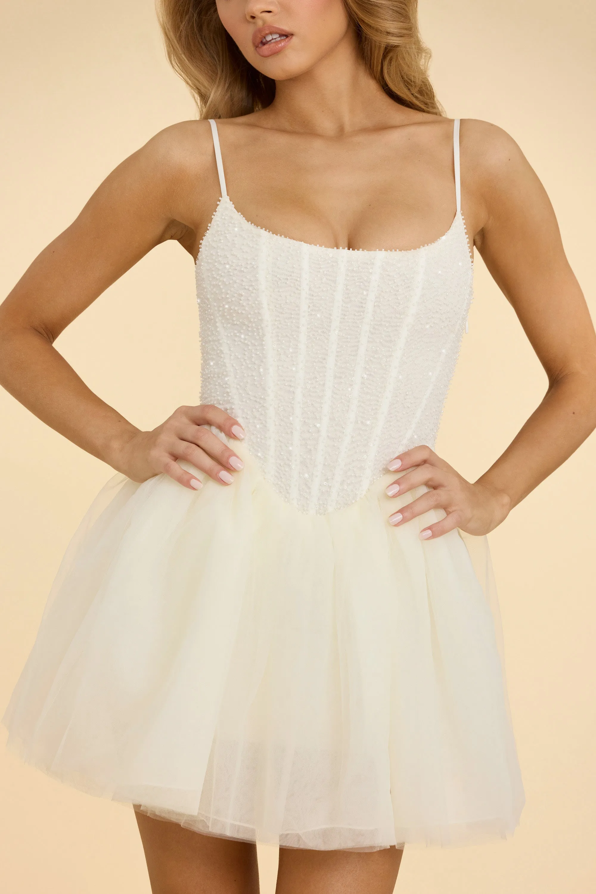 Embellished Corset Tulle Skirt Mini Dress in White Club Glow Stylish Silhouette