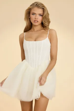 Embellished Corset Tulle Skirt Mini Dress in White Casual Fit Look