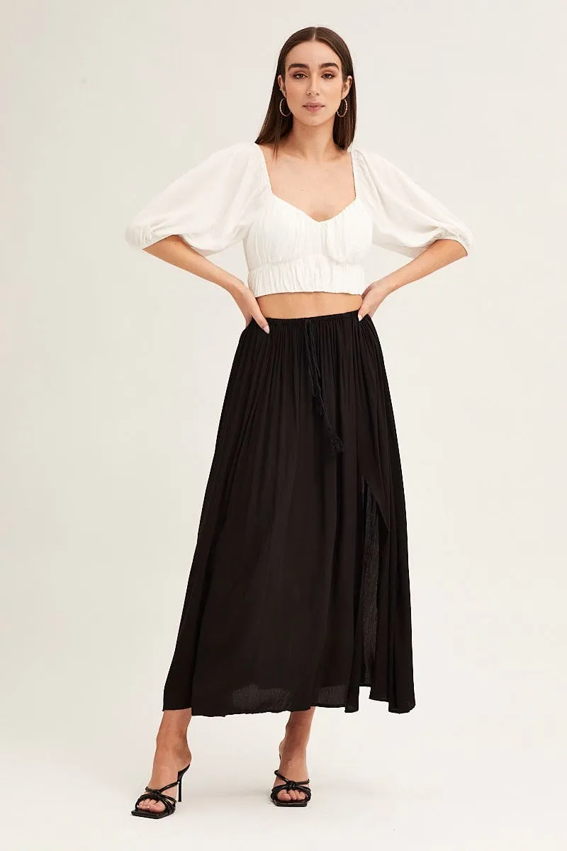 Black Maxi Skirt Elastic Detail Split Gather Details