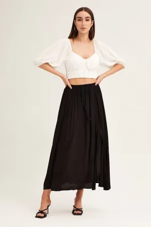 Black Maxi Skirt Elastic Detail Split Gather Details