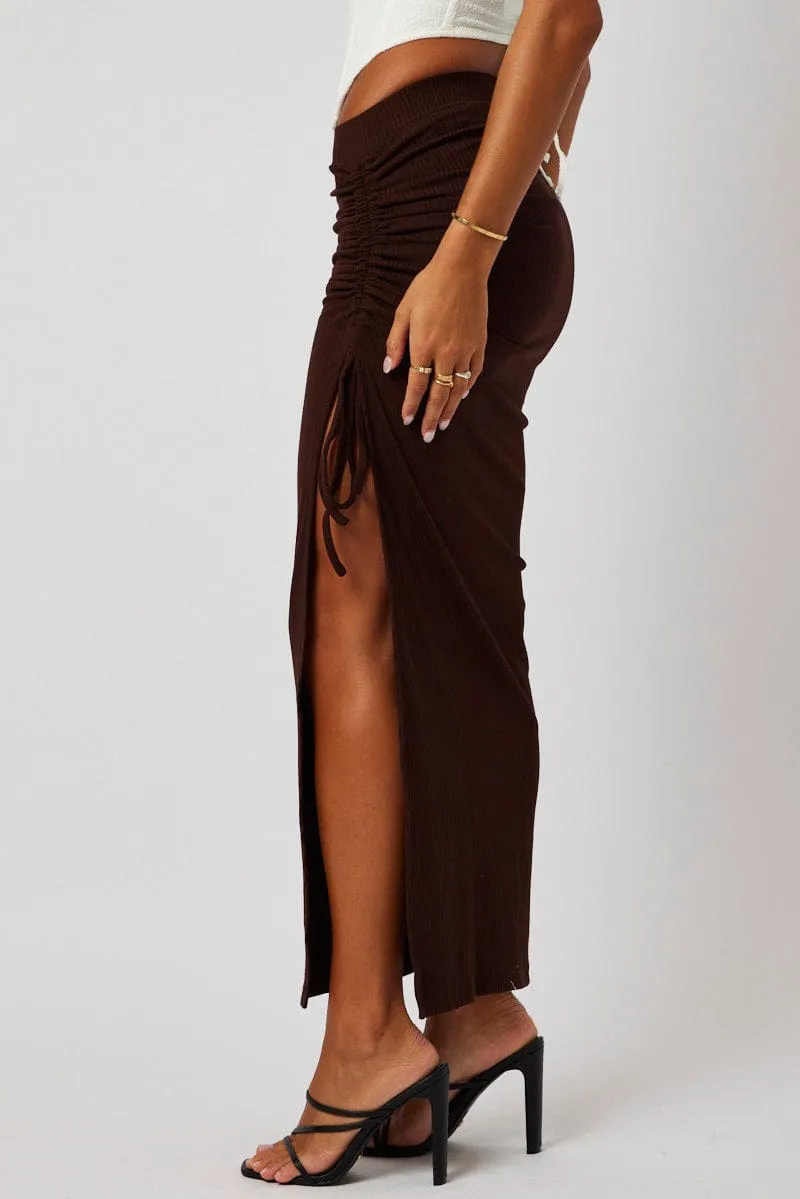 Brown Maxi Skirt Side Split Ribbed City Tones