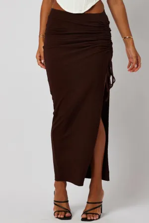 Brown Maxi Skirt Side Split Ribbed Plant Based Material