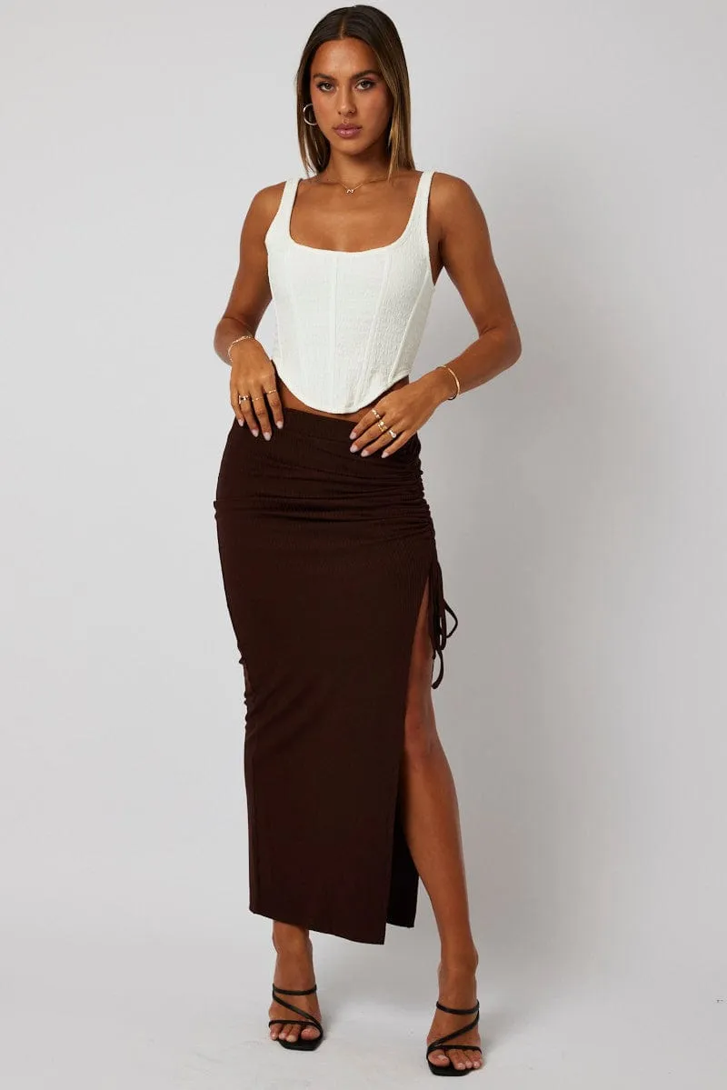 Brown Maxi Skirt Side Split Ribbed Machine wash safe Pure Vibes