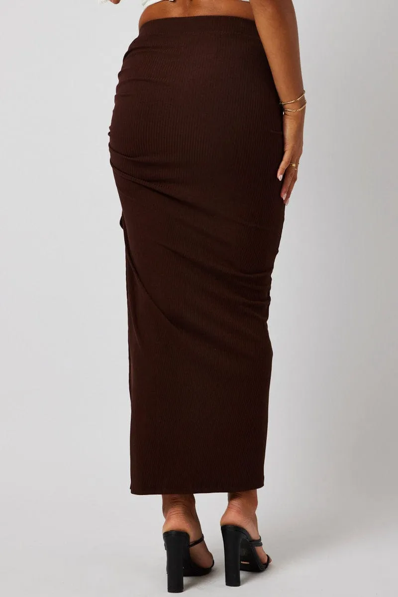 Brown Maxi Skirt Side Split Ribbed Refined Edge