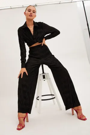 Black Plisse Pants Wide Leg Flexible Design