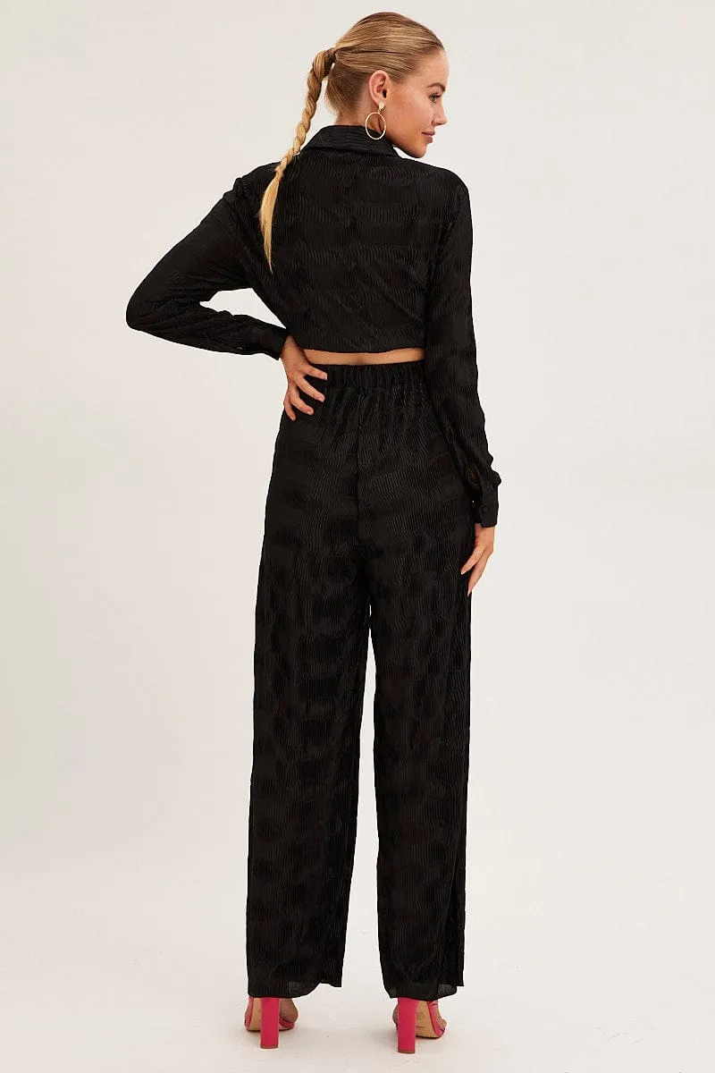 Casual Office Practical Wear Black Plisse Pants Wide Leg