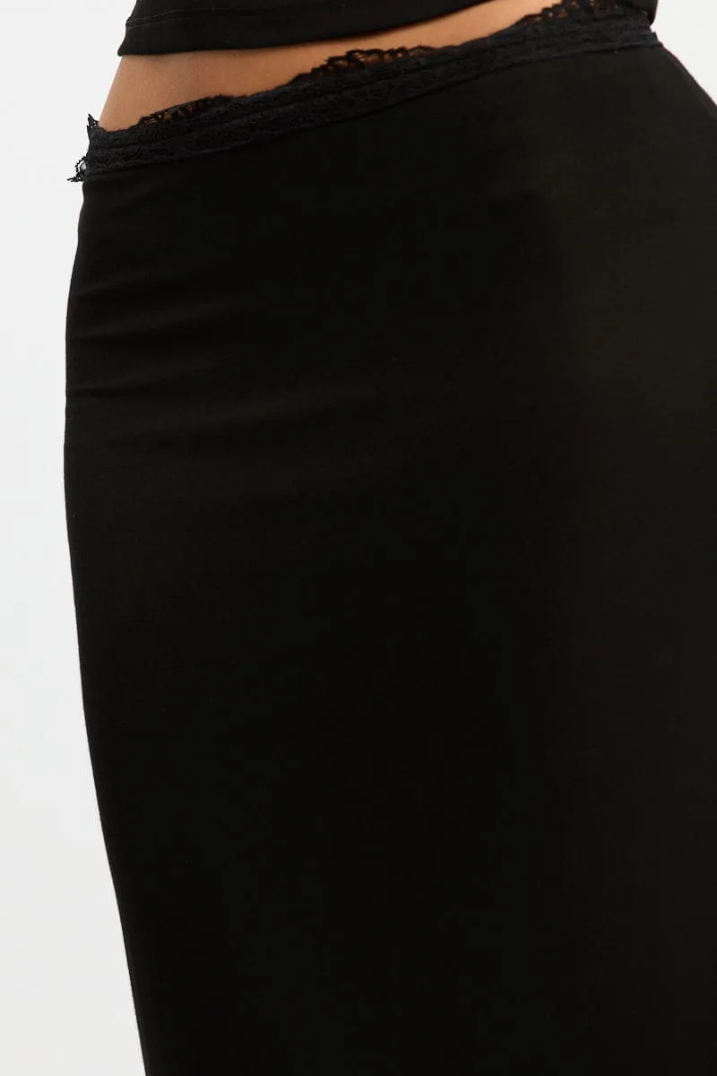 Flowy Drape Signature Line Black Maxi Skirt Elasticated Lace Trim Jersey Lined