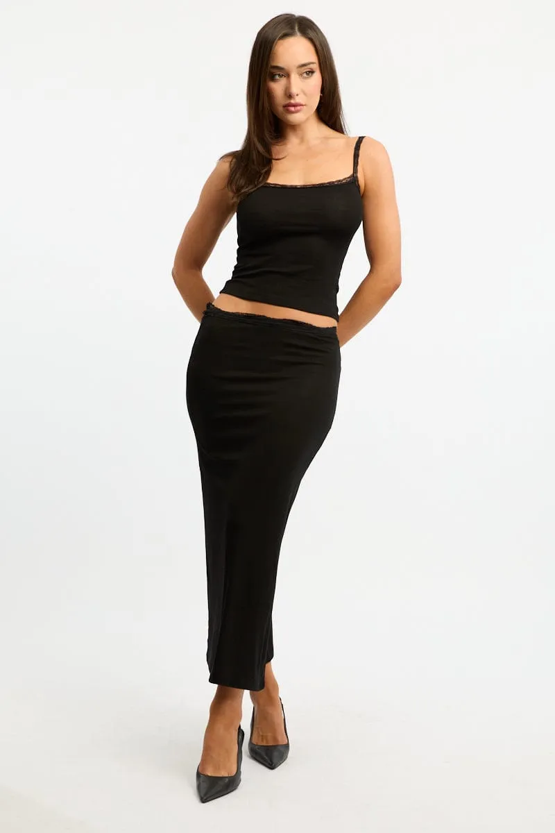 Black Maxi Skirt Elasticated Lace Trim Jersey Lined Comfort First
