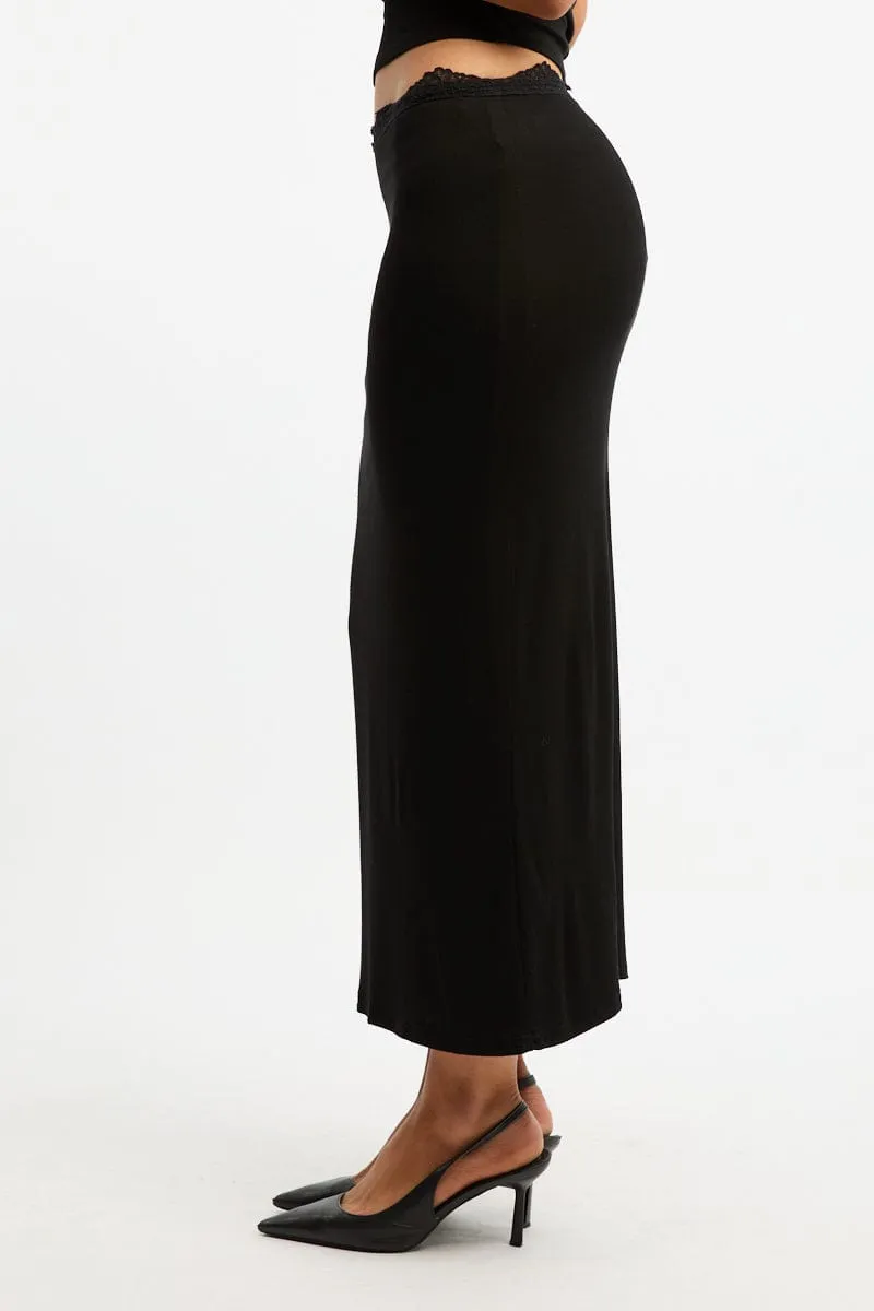Modern Edge Black Maxi Skirt Elasticated Lace Trim Jersey Lined