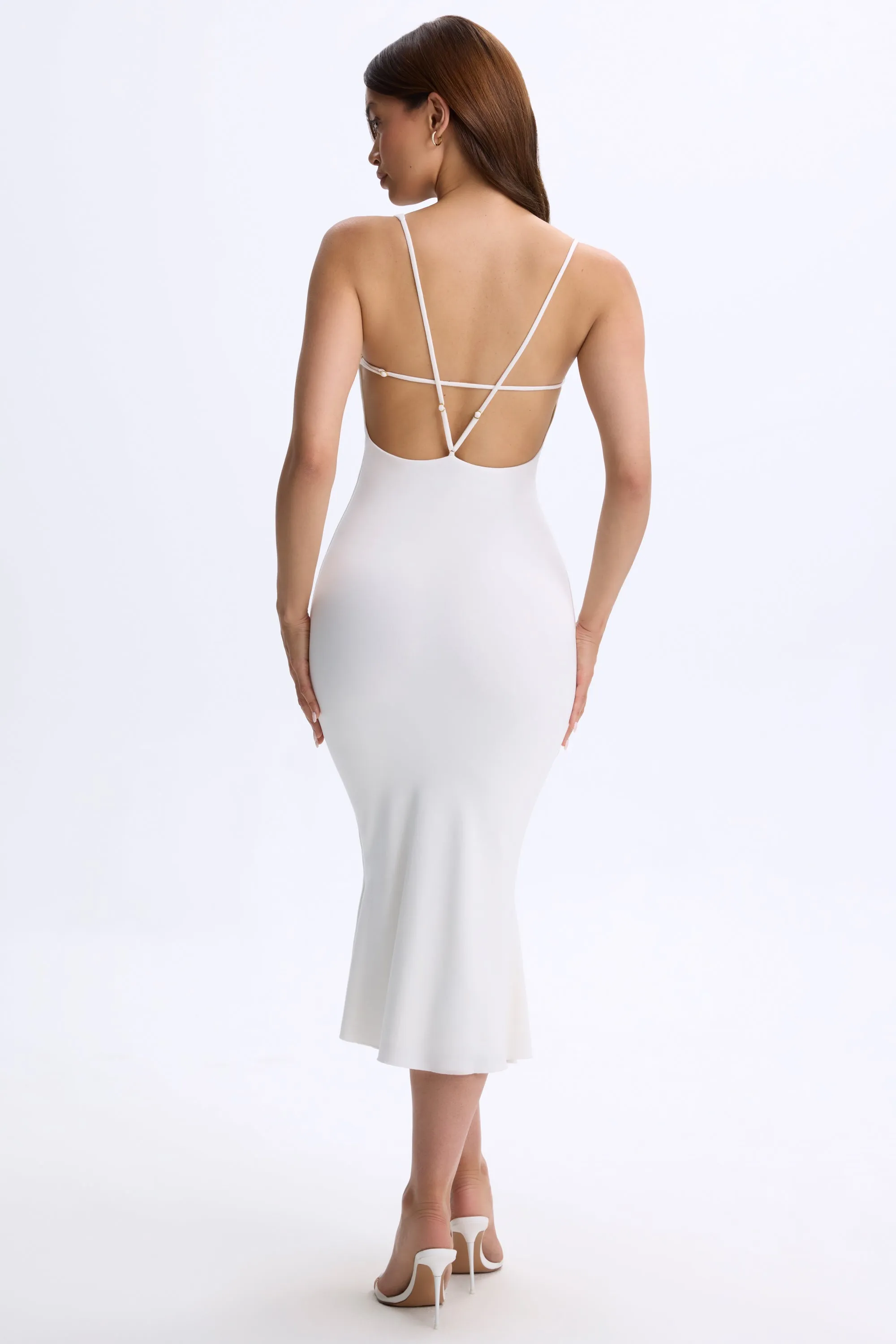 OdorResistant Material Plunge Open-Back Midaxi Dress in White