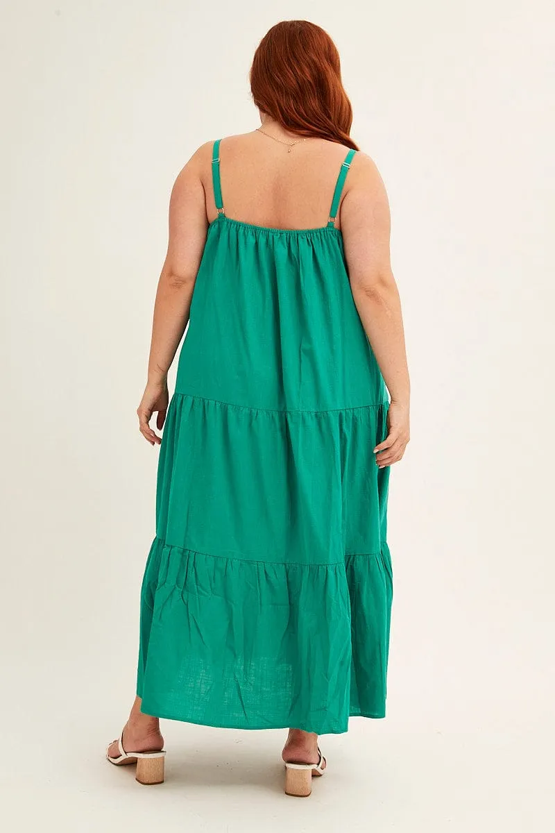 The relaxed fit of this maxi dress offers a casual yet elegant appearance for any occasion Green Sleeveless Cotton Maxi Dress With Pockets