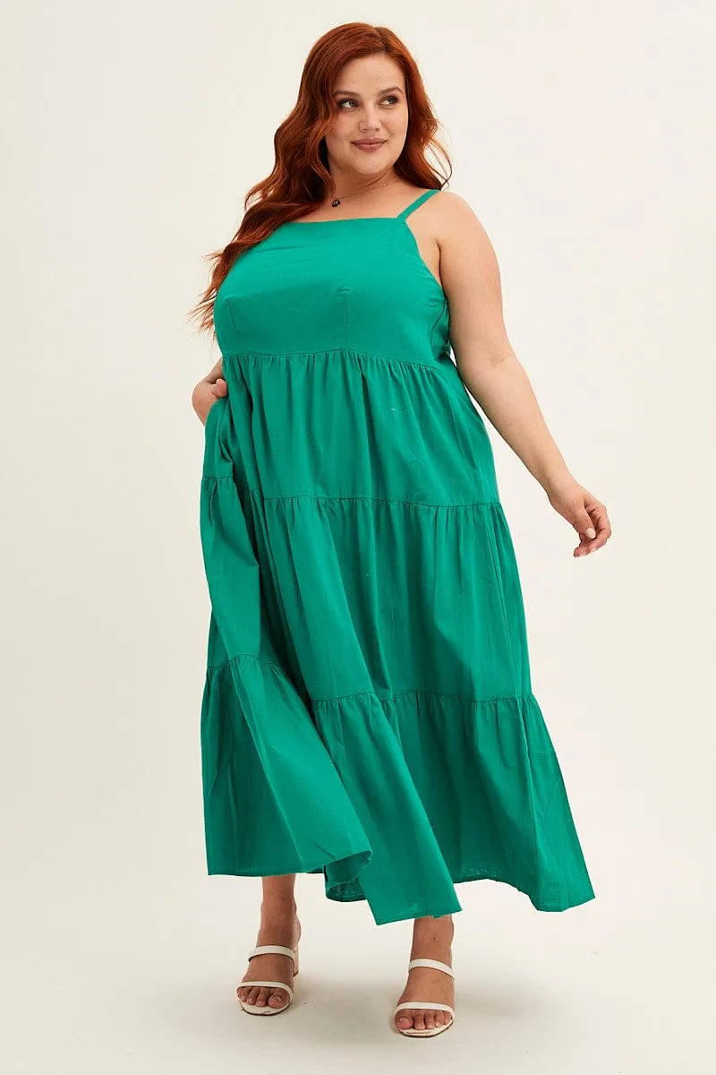 Green Sleeveless Cotton Maxi Dress With Pockets Ivory Glow