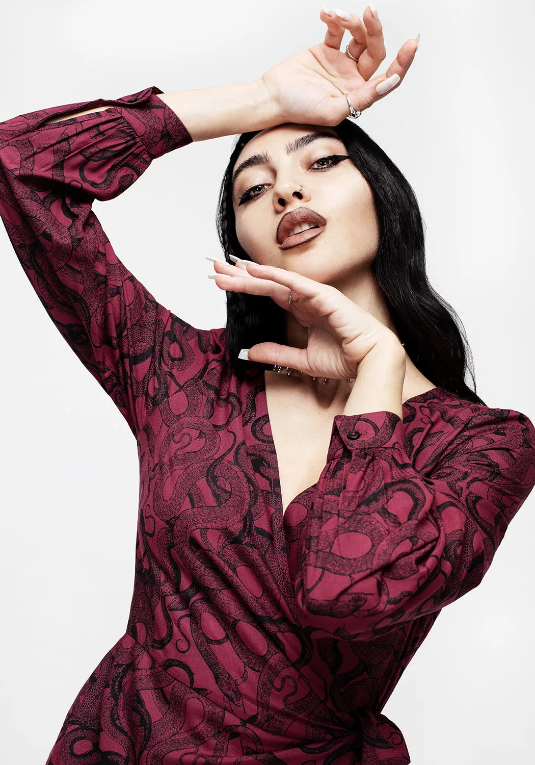 Romantic resort wear Dot Play Ophidia Snakes Print Wrap Maxi Dress - Red