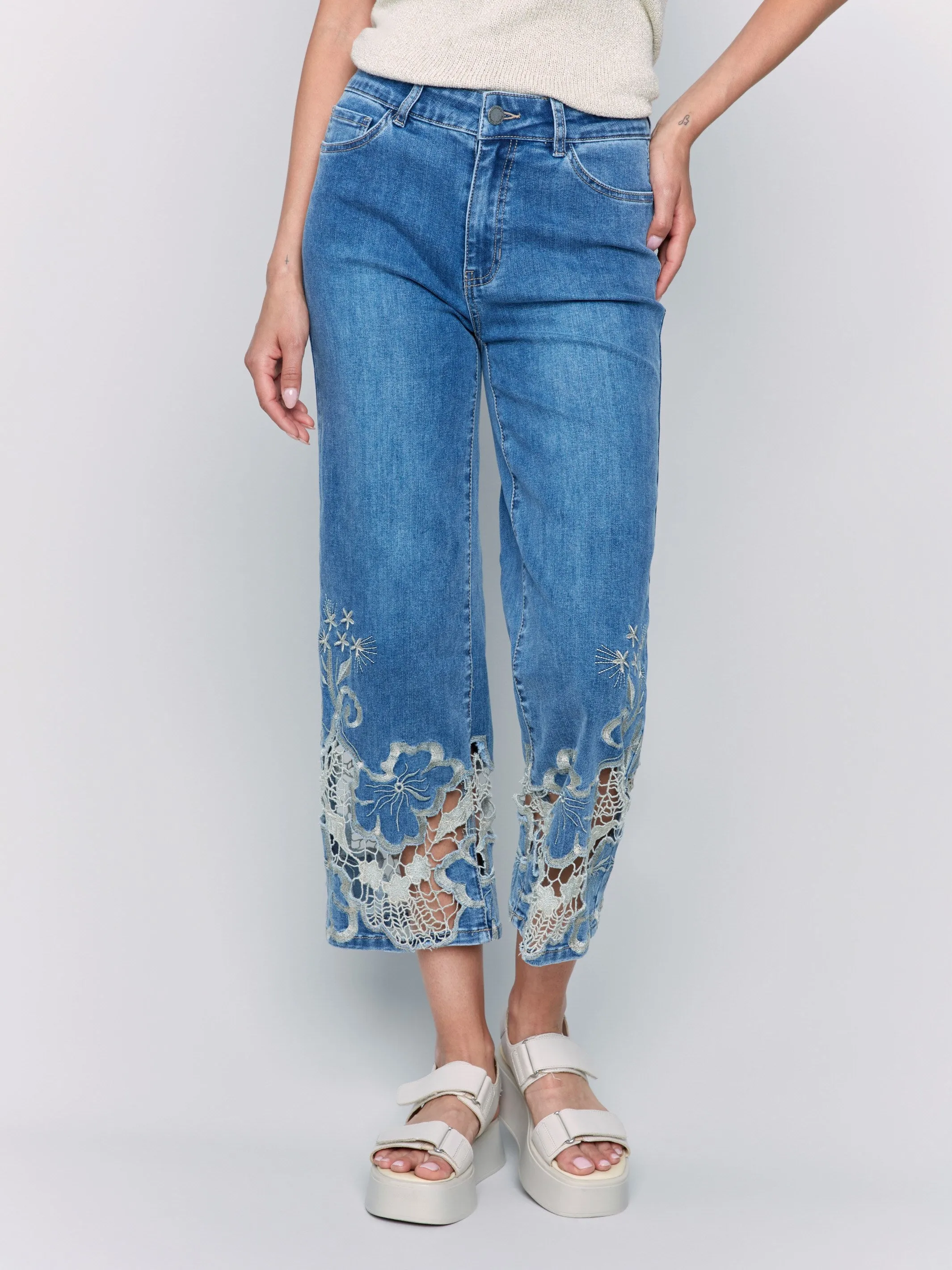 Cropped Flare Leg Jeans with Lace Hem - Medium Blue Travel Outfit Chill Outfit Date Night Sharp Silhouette