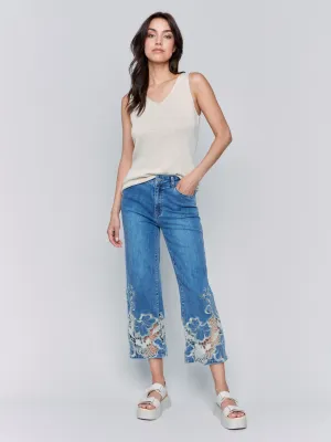 Festival Outfit Professional Wear Casual Dressing Cropped Flare Leg Jeans with Lace Hem - Medium Blue
