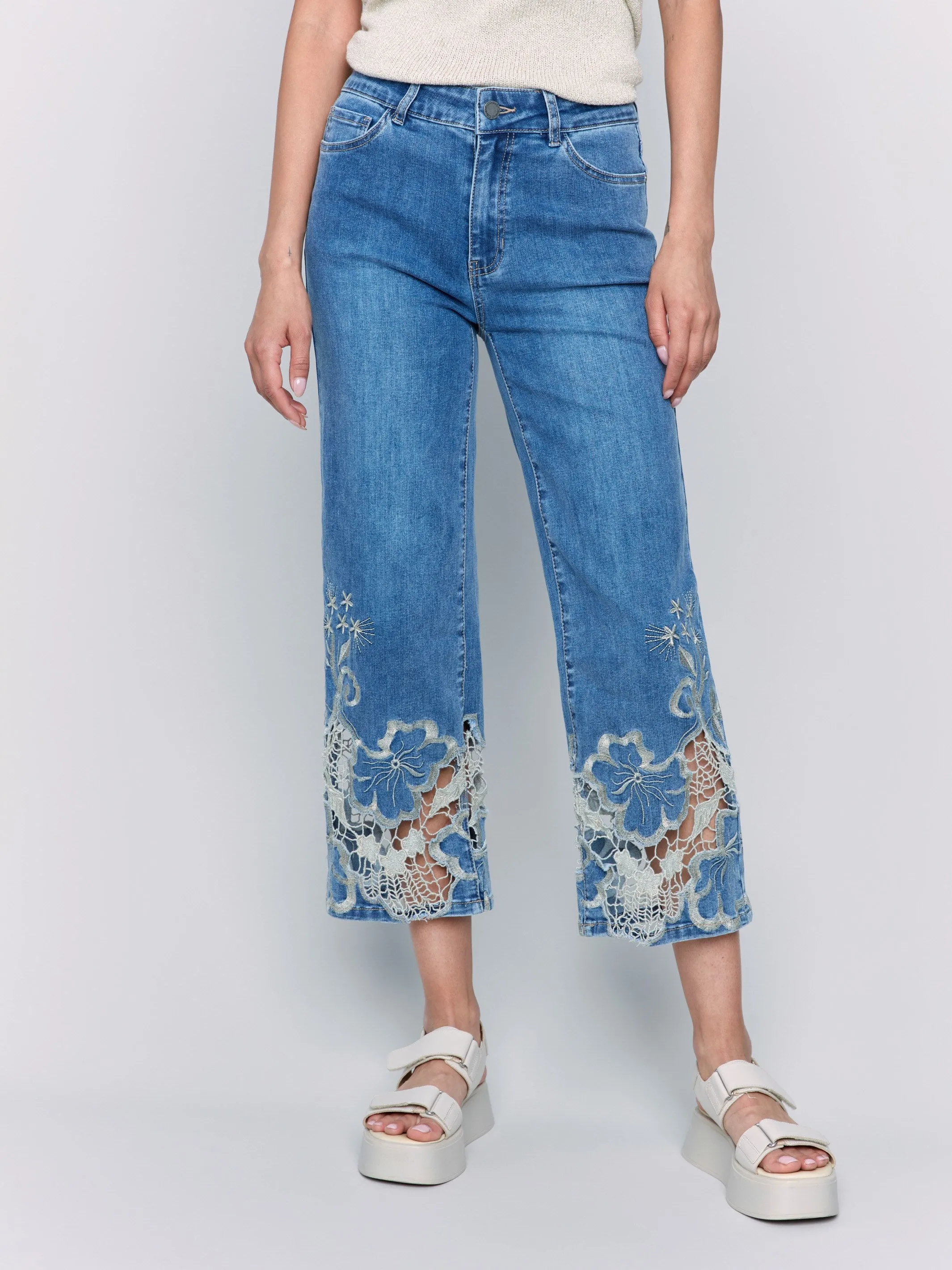 Cropped Flare Leg Jeans with Lace Hem - Medium Blue Affordable Beach Day Spring Attire