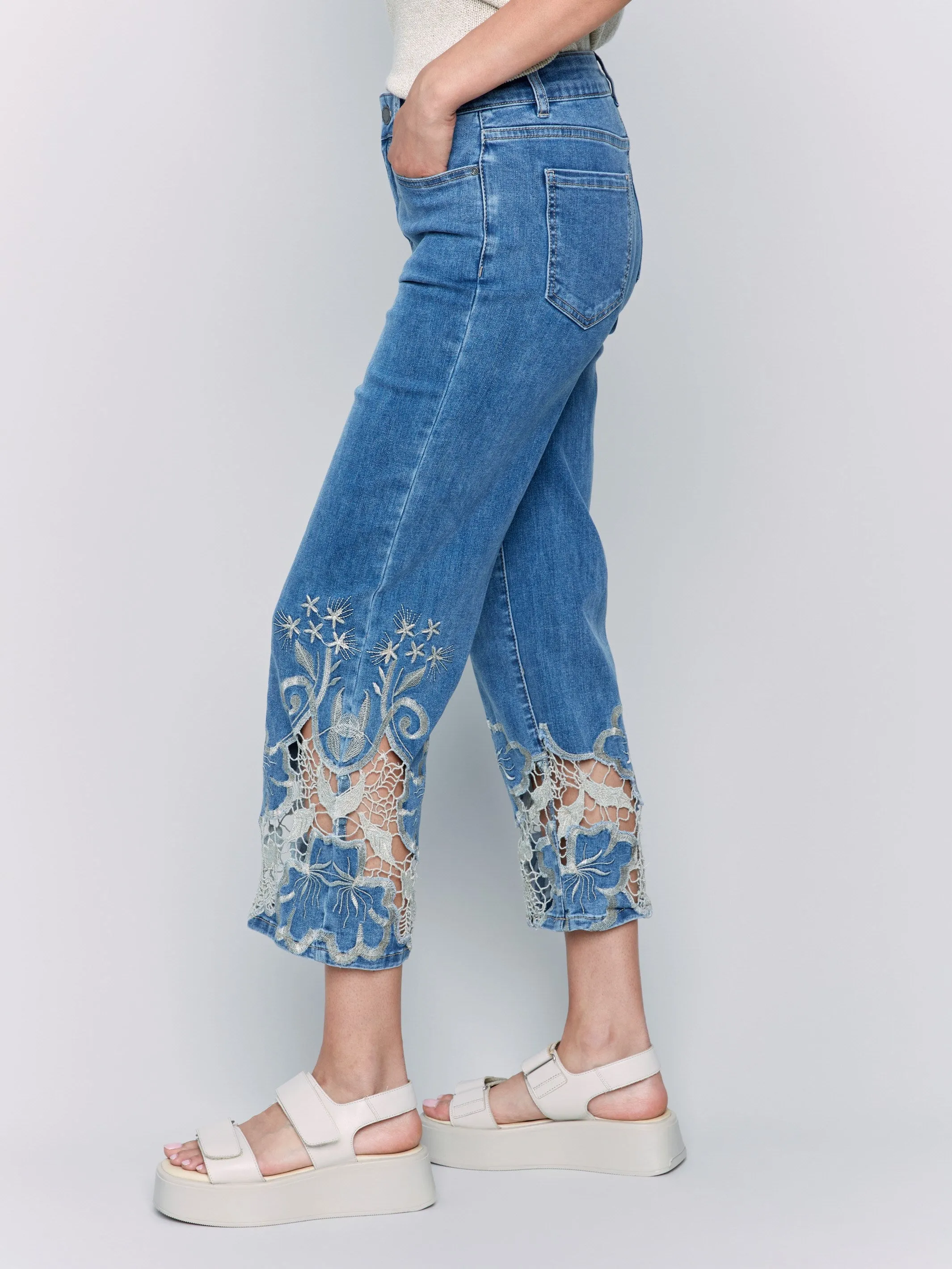 Layered Look Laidback Style Cropped Flare Leg Jeans with Lace Hem - Medium Blue