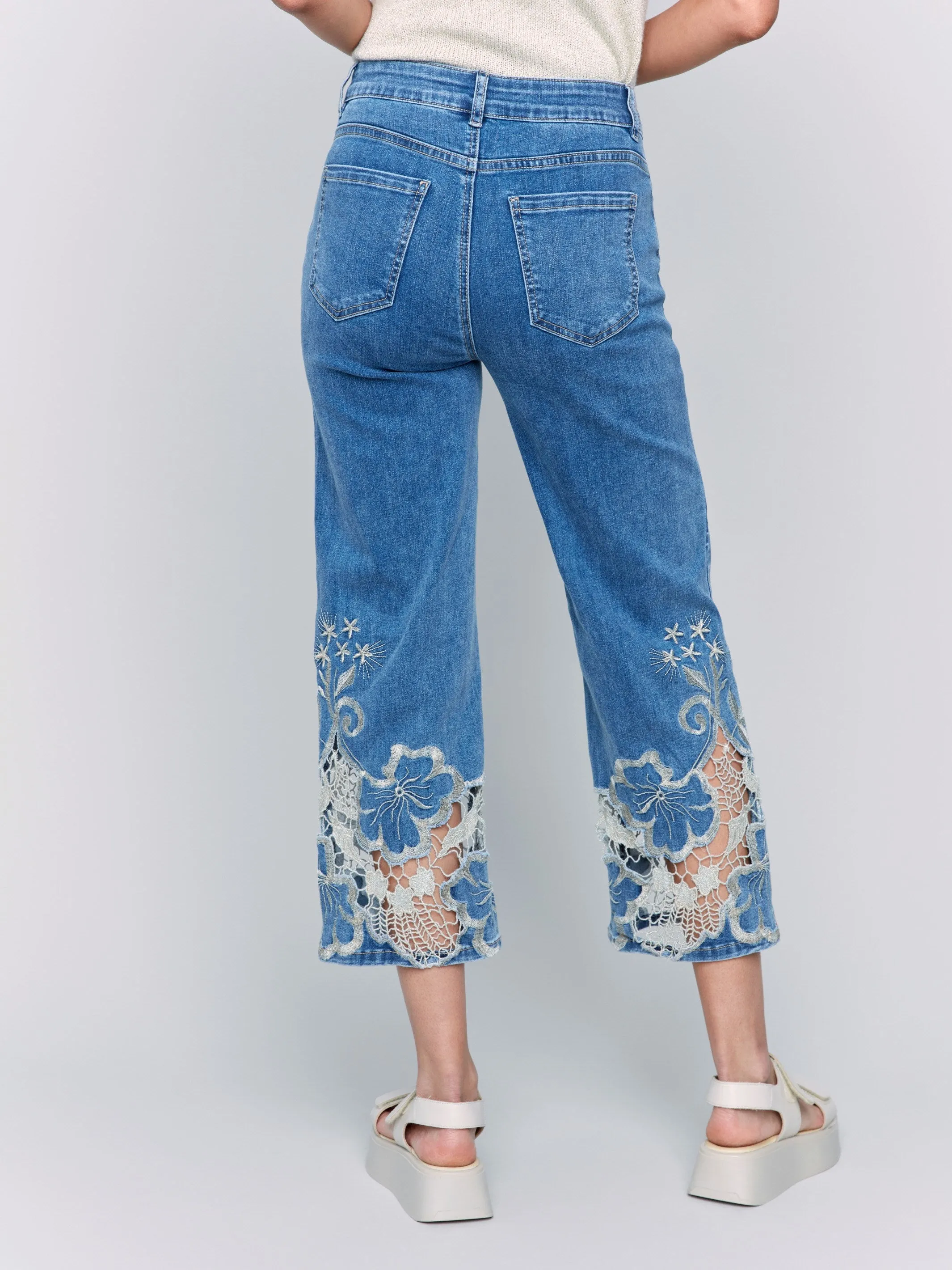 Streetwear Fan Night Out Cropped Flare Leg Jeans with Lace Hem - Medium Blue