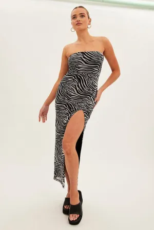 Contemporary Fashion Black Animal Print Bodycon Dress Midi Strapless Side Split Mesh
