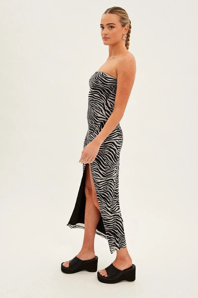Feminine casual piece Black Animal Print Bodycon Dress Midi Strapless Side Split Mesh