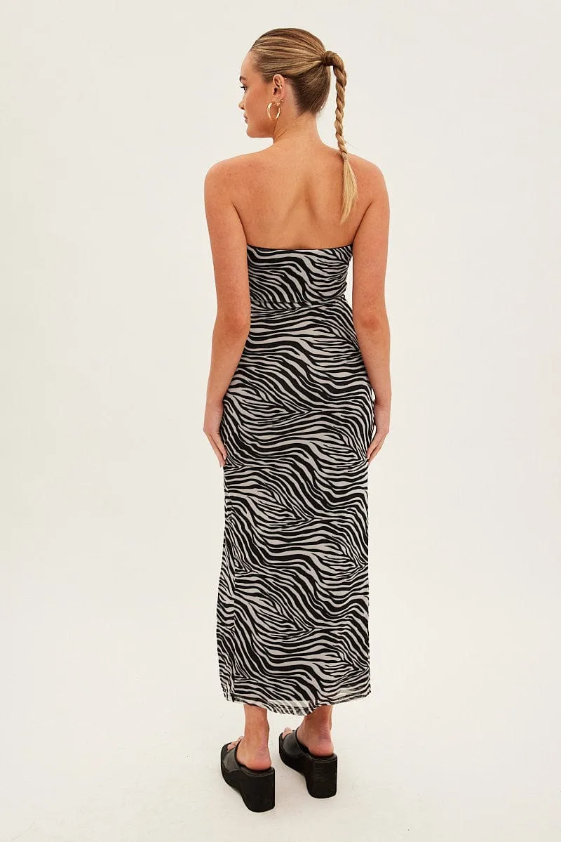City Roof Feminine Energy Black Animal Print Bodycon Dress Midi Strapless Side Split Mesh