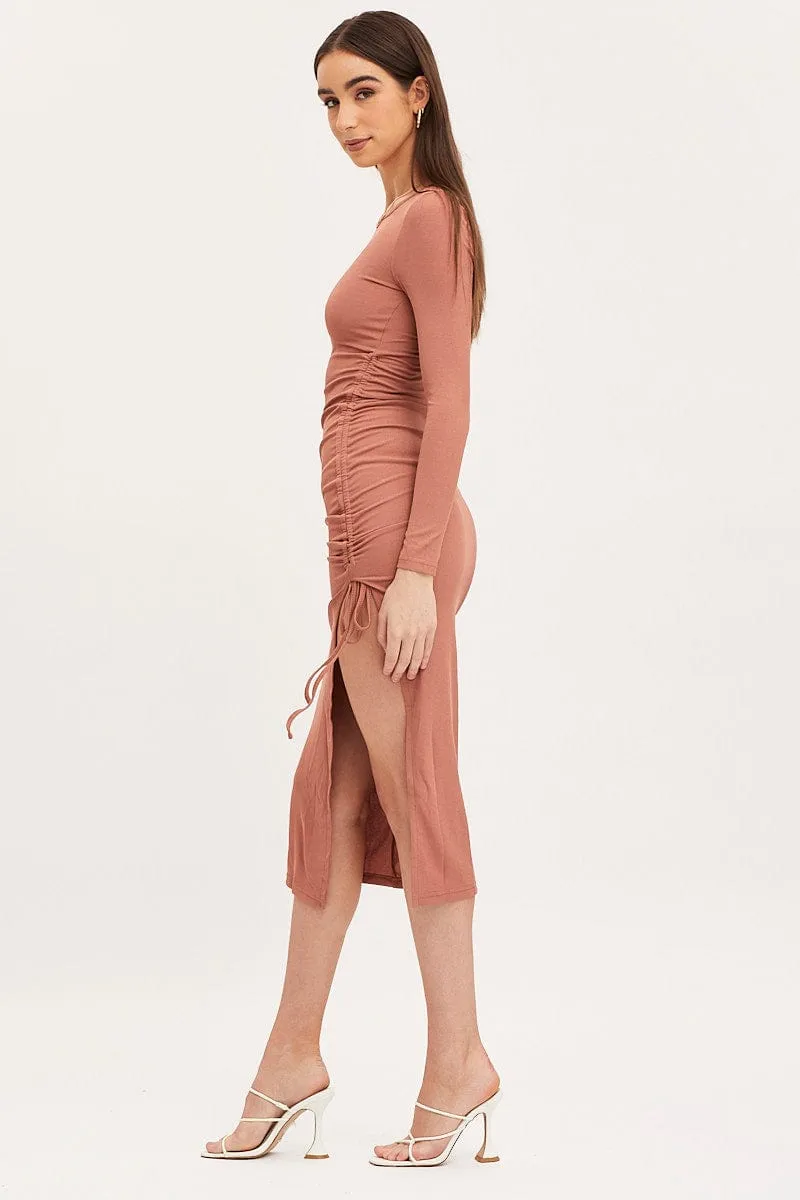 Windy Ready Brown Midi Dress Long Sleeve Bodycon