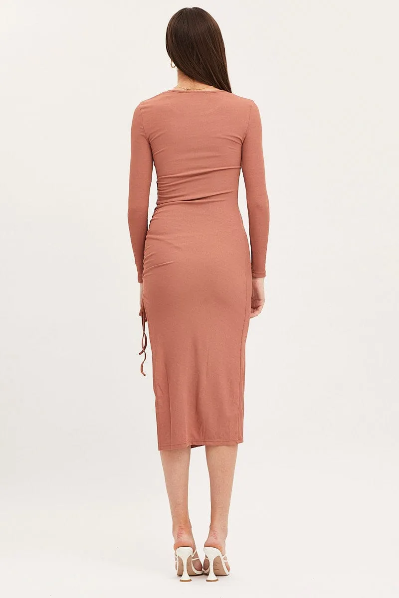 Contemporary Style Brown Midi Dress Long Sleeve Bodycon