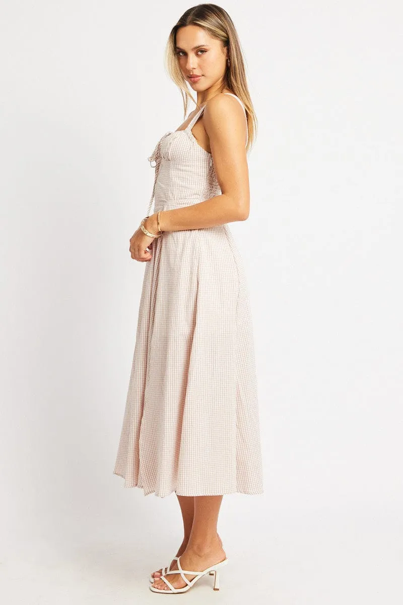 Perfect Shape Beige Check Midi Dress Gathered Bust