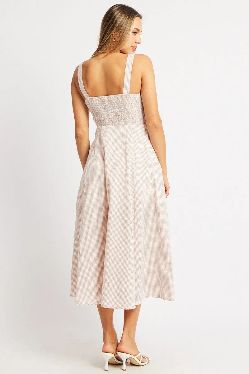 Beige Check Midi Dress Gathered Bust Flight Hall Classic Woman