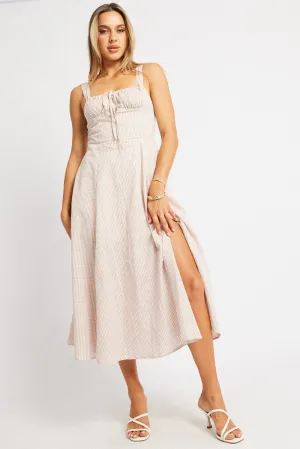 Wind Song Self Love Beige Check Midi Dress Gathered Bust