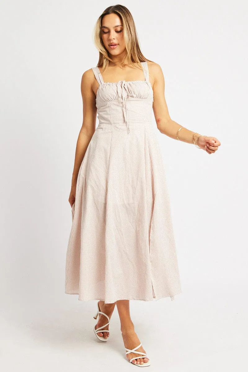 Beige Check Midi Dress Gathered Bust Light Dance