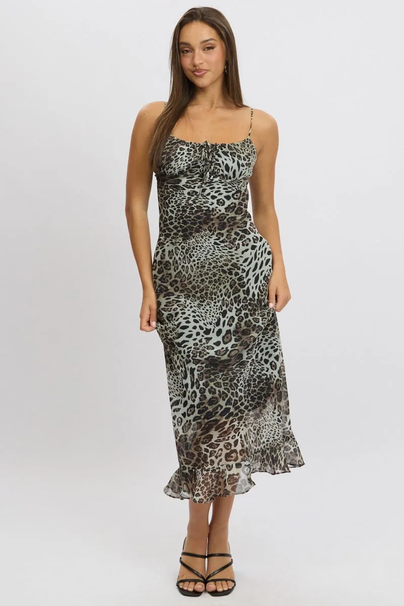 Spring Festival Brown Animal Print Midi Dress Bias Chiffon