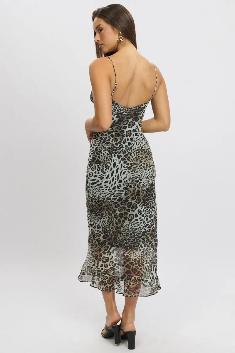 Perfect Shape Brown Animal Print Midi Dress Bias Chiffon