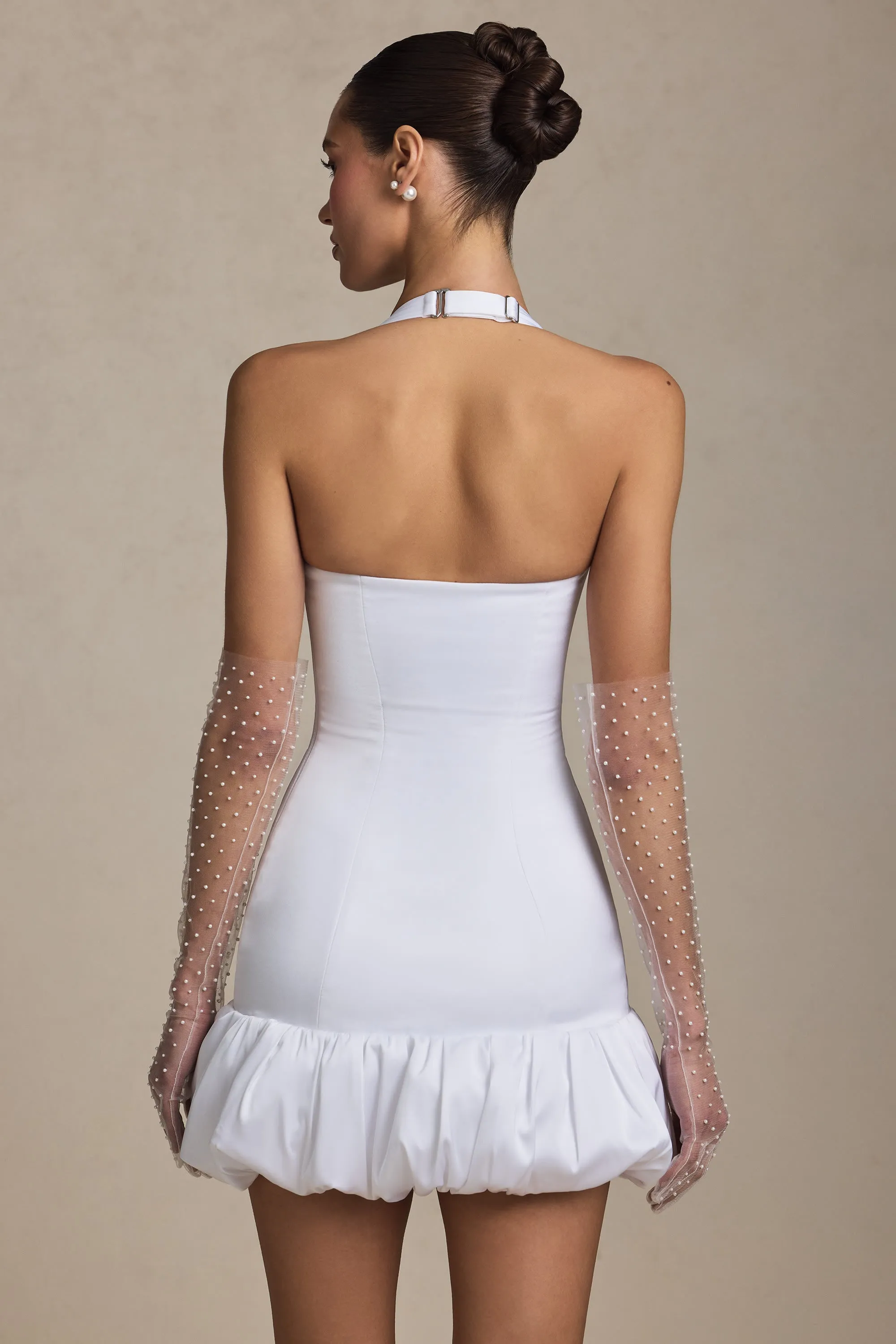 Bow-Detail Halterneck Bubble Hem Mini Dress in White Stylish short formal dress