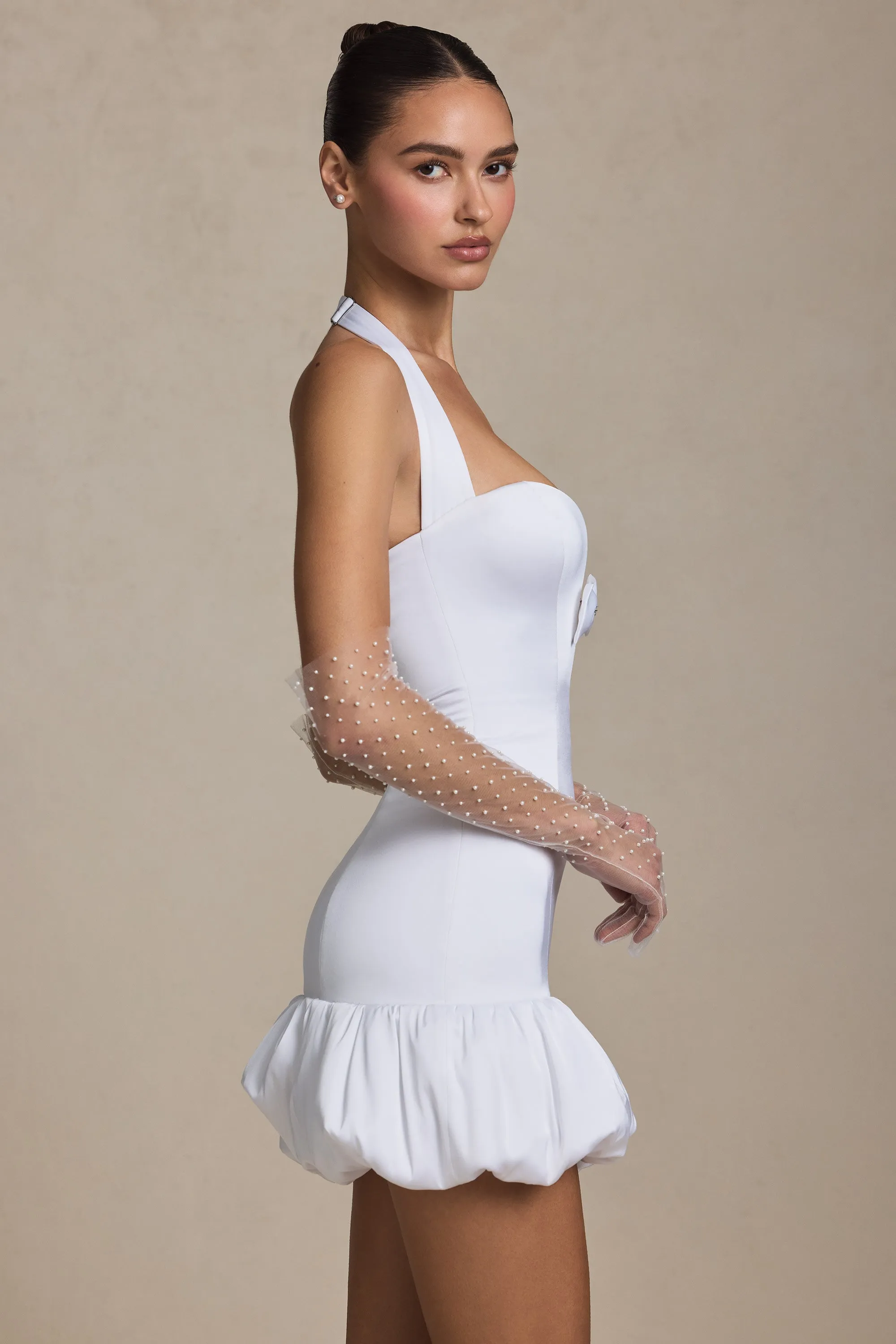 Bow-Detail Halterneck Bubble Hem Mini Dress in White Charming Silhouette Bright sun dress