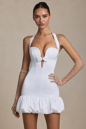 Casual stylish short dress Cozy Look Bow-Detail Halterneck Bubble Hem Mini Dress in White