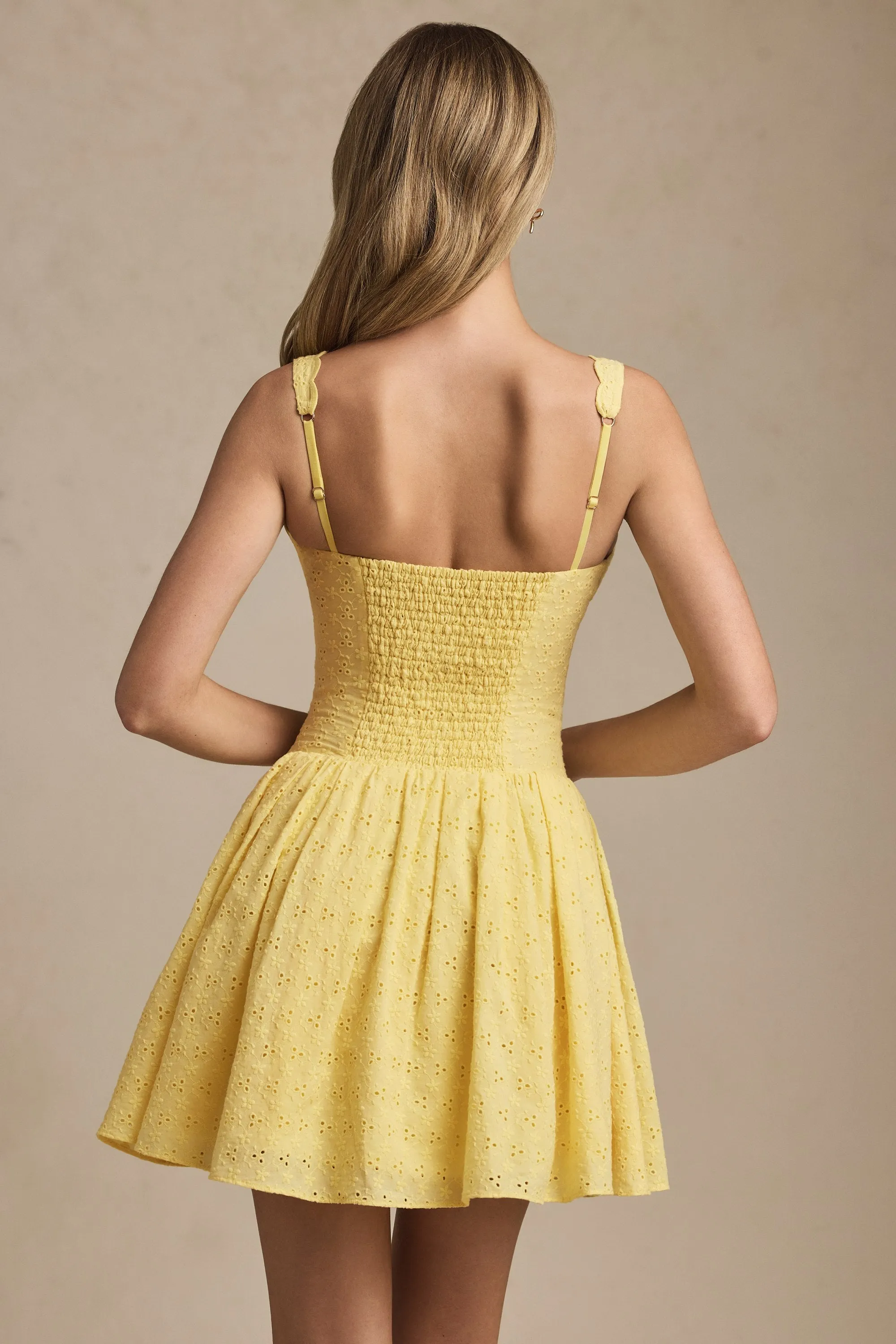 Vibrant Fashion Look Broderie Anglaise Bow-Detail A-Line Mini Dress in Pastel Yellow