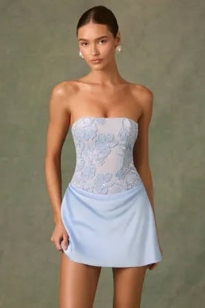 Bright sun dress Embellished Draped Strapless A-Line Mini Dress in Sky Blue