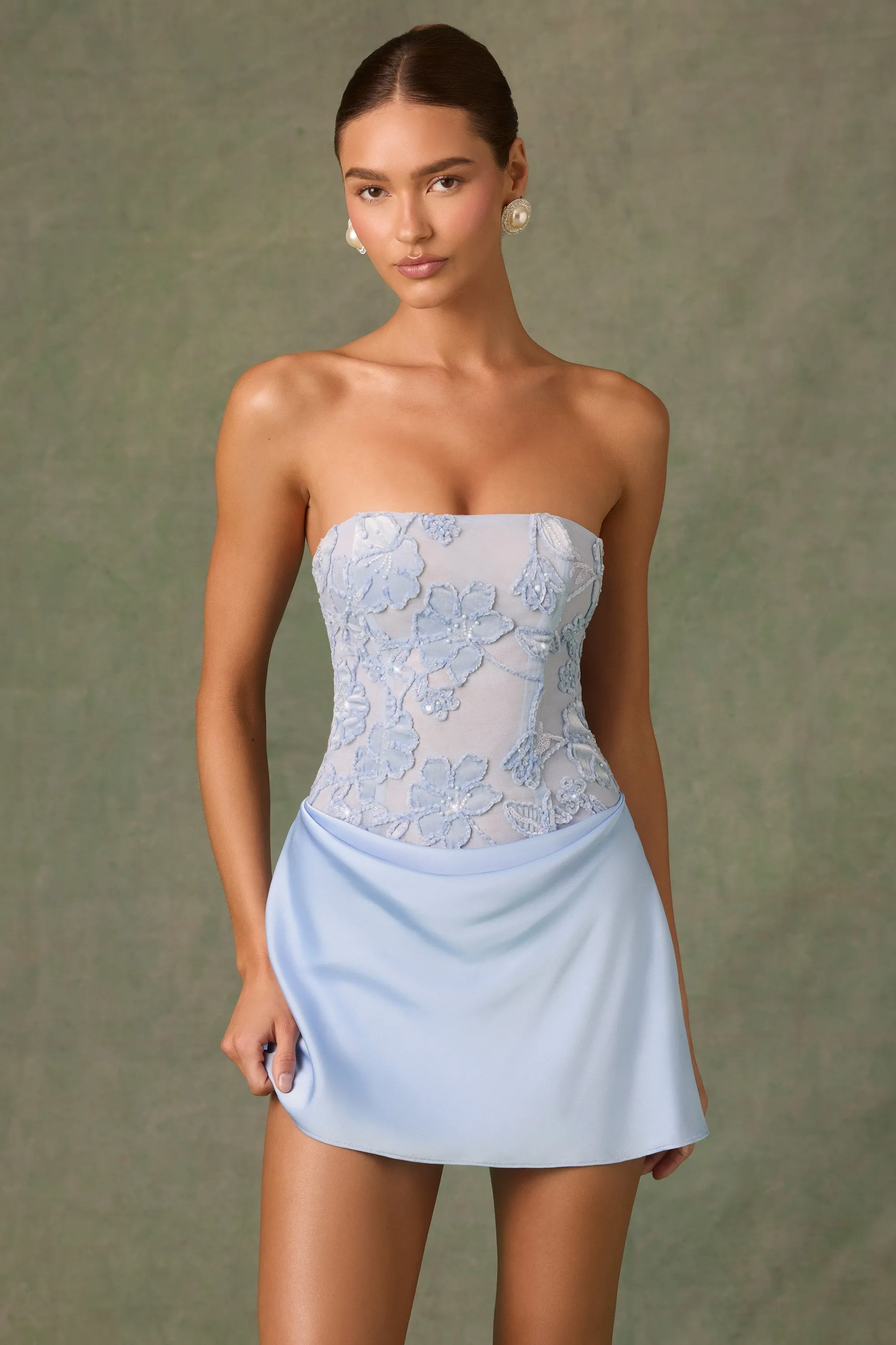 Bright sun dress Embellished Draped Strapless A-Line Mini Dress in Sky Blue