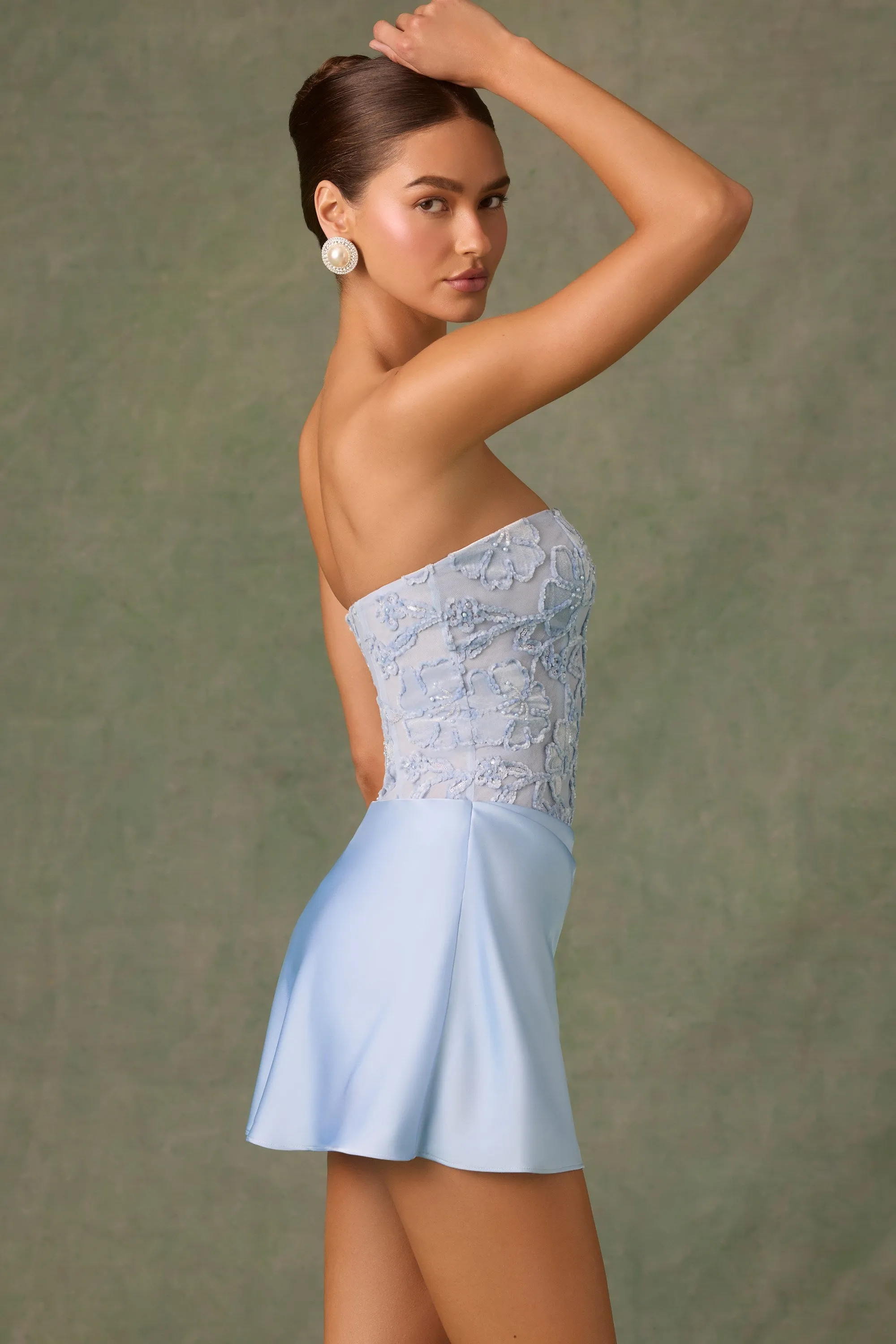 Odor Resistant Embellished Draped Strapless A-Line Mini Dress in Sky Blue