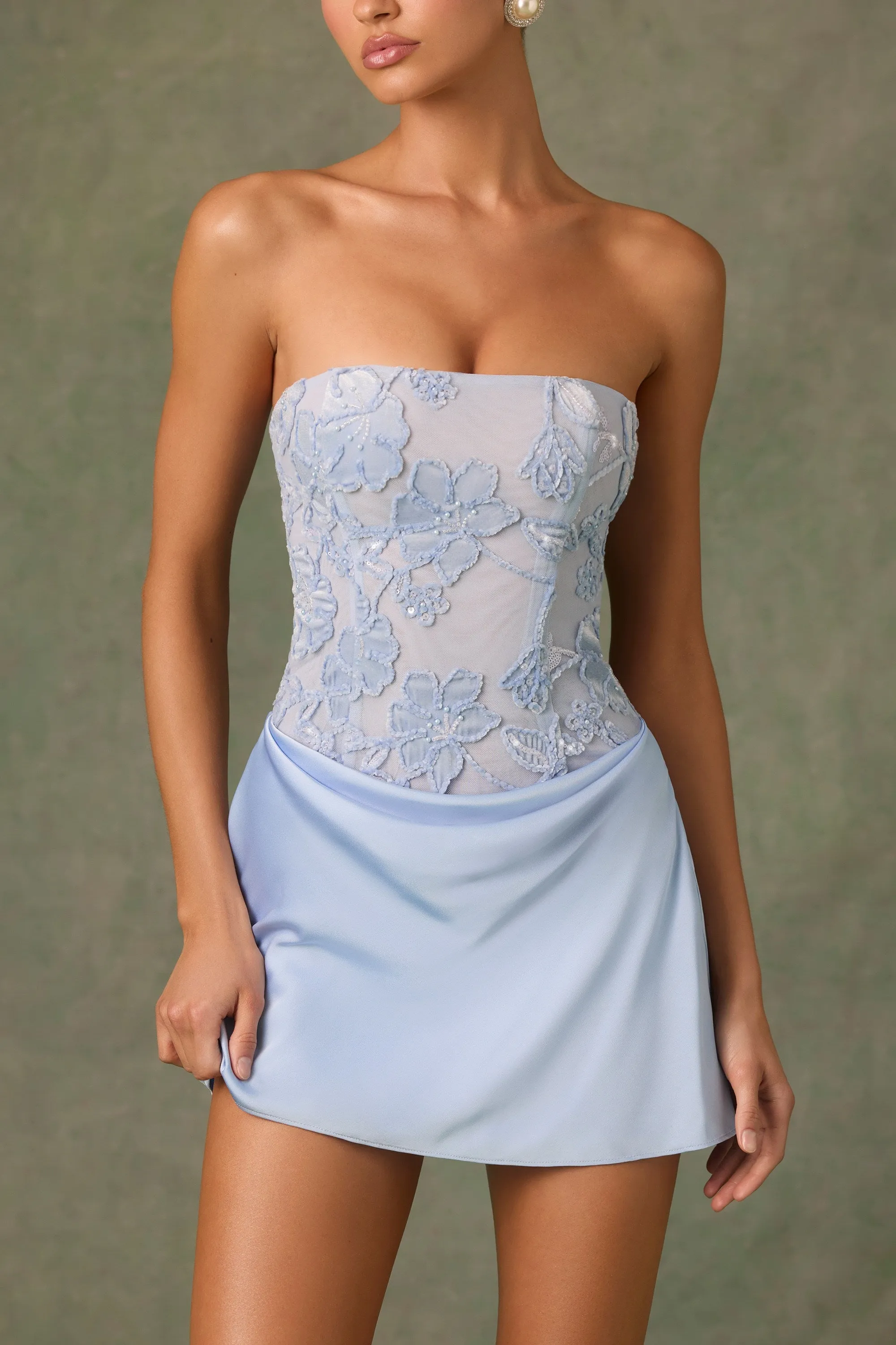 Embellished Draped Strapless A-Line Mini Dress in Sky Blue Relaxed Chic