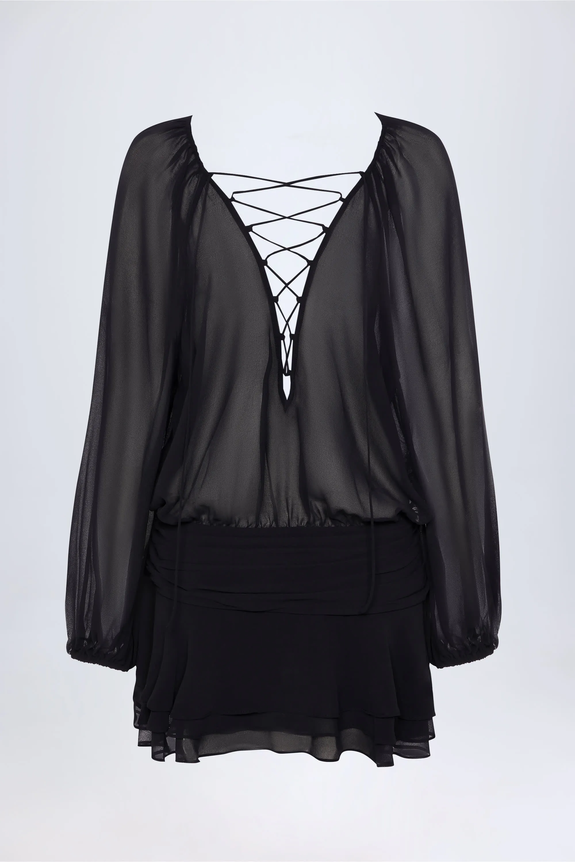 Urban Soft Lace-Up Balloon-Sleeve Mini Dress in Black